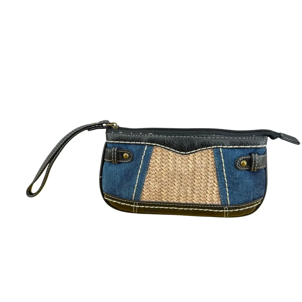 b.o.c. Born Concept Wristlet Clutch Denim Straw Black Faux Leather Wallet
